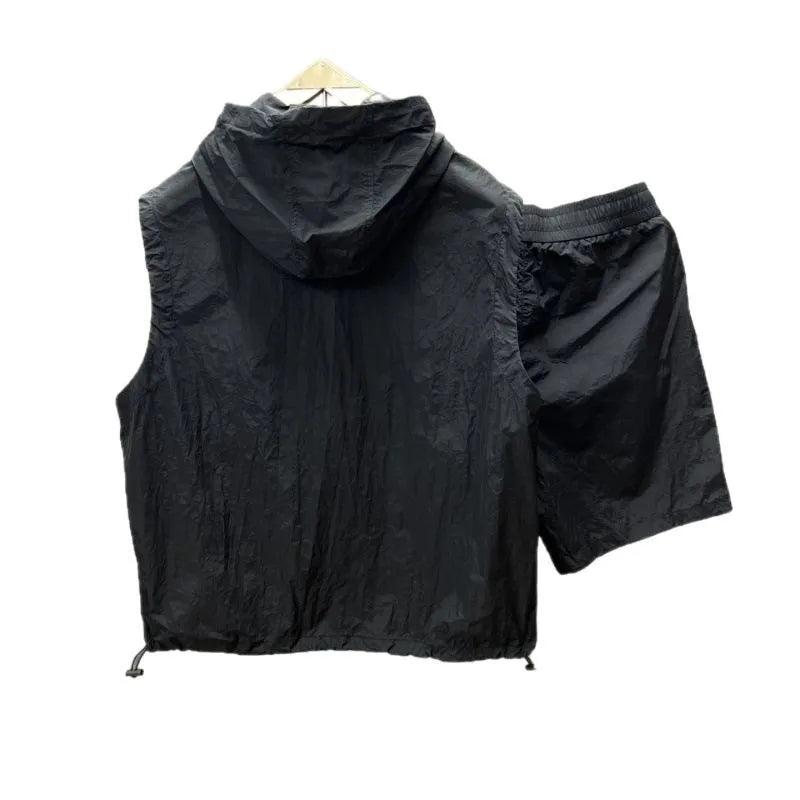 2pcs casual and fashionable hooded vest shorts set men's summer workwear thin and loose couple sleeveless suit