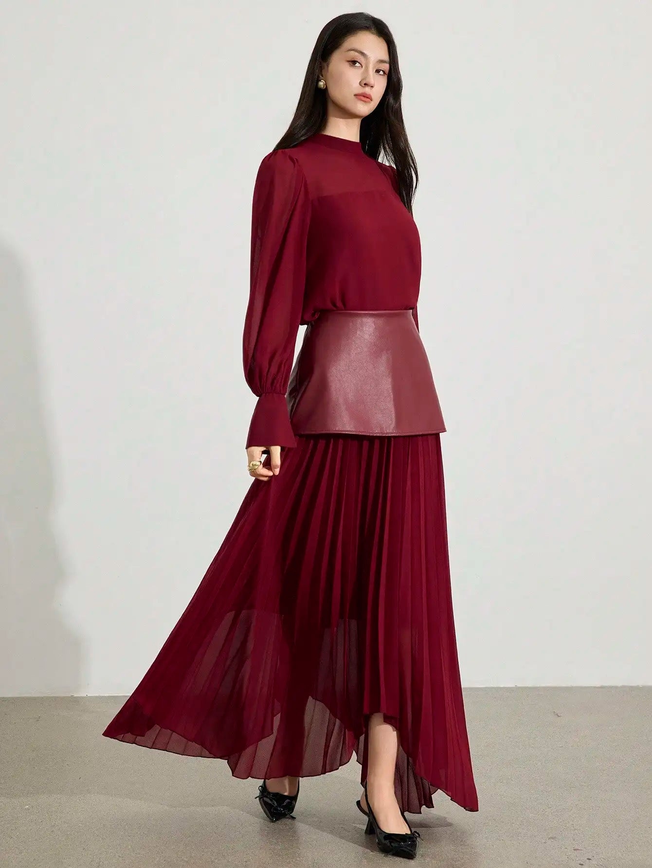 2pcs Women's Elegant Chiffon Long Sleeve Top & Pleated Skirt Set, Autumn Style