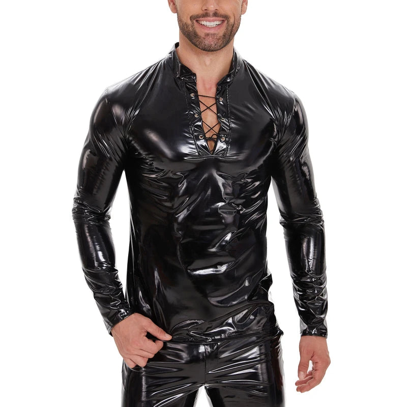 Mens PU Leather Long Sleeve Shiny T-shirt O Neck Tee Shiny Glossy Tops Gothic Streetwear Nightclub Top Nightclub Casual Shirt