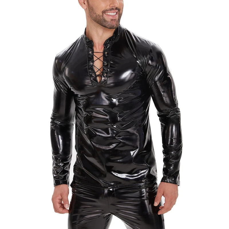 Mens PU Leather Long Sleeve Shiny T-shirt O Neck Tee Shiny Glossy Tops Gothic Streetwear Nightclub Top Nightclub Casual Shirt
