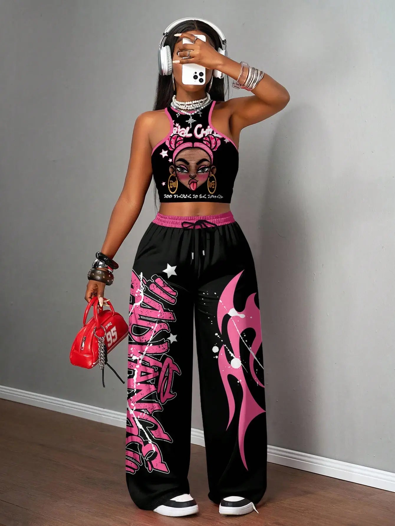 Slogan Graphic Racerback Crop Top & Wide Leg Pants Set for Streetwear, Y2K Style