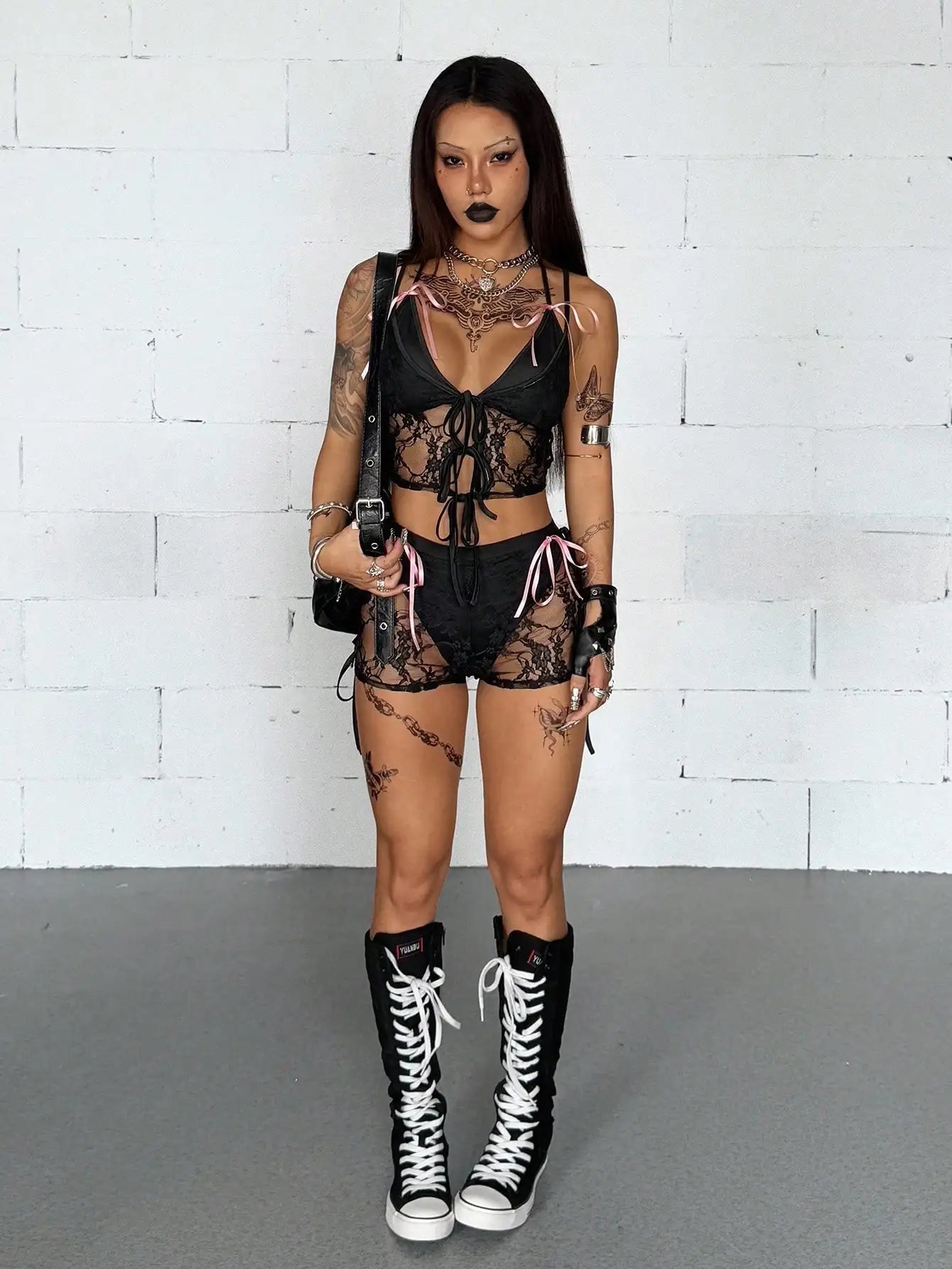 Women's Y2K Goth Lace Bow Cut Out Two Piece Set - Black Rave Party Lingerie Top & Shorts