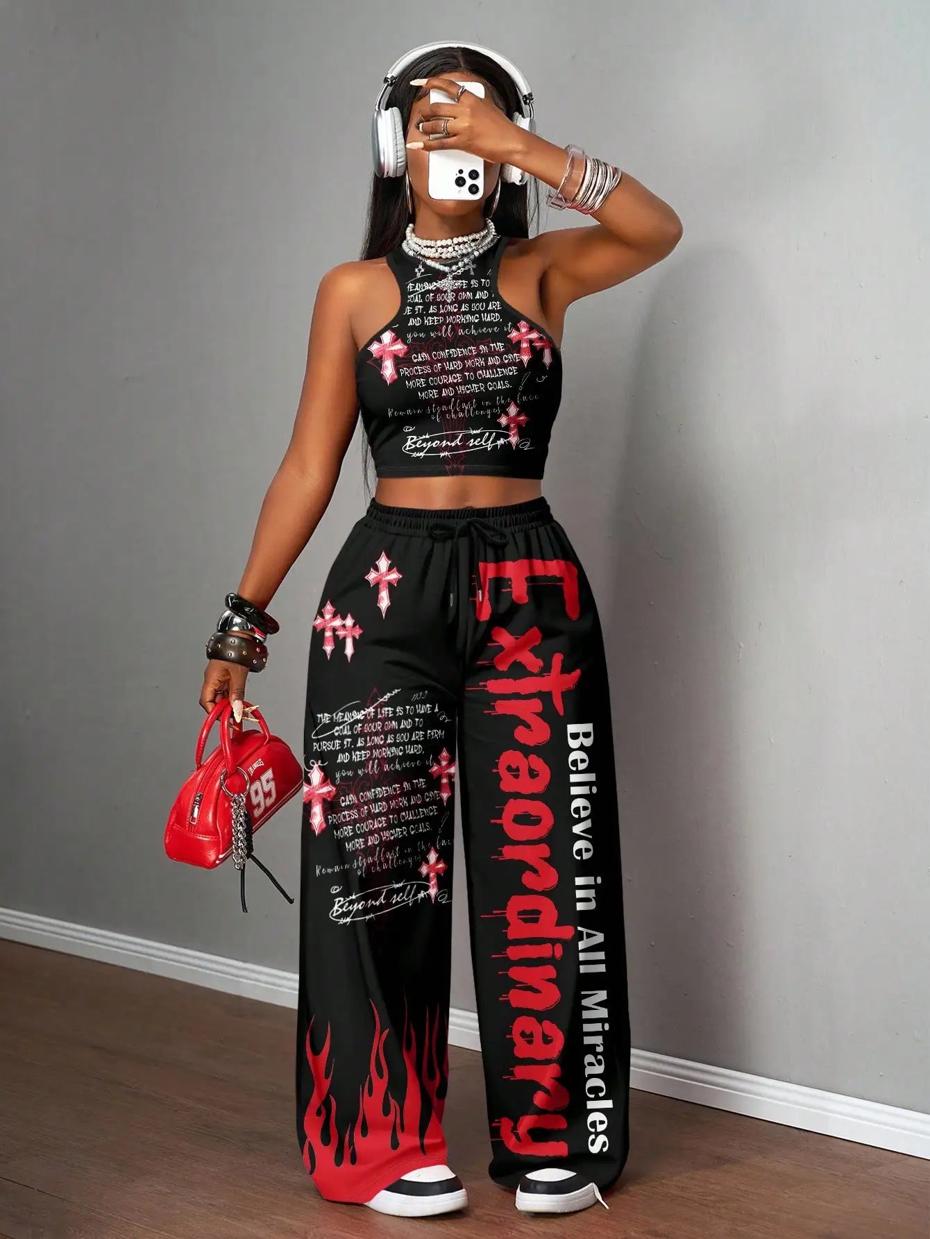 Slogan Graphic Racerback Crop Top & Wide Leg Pants Set for Streetwear, Y2K Style