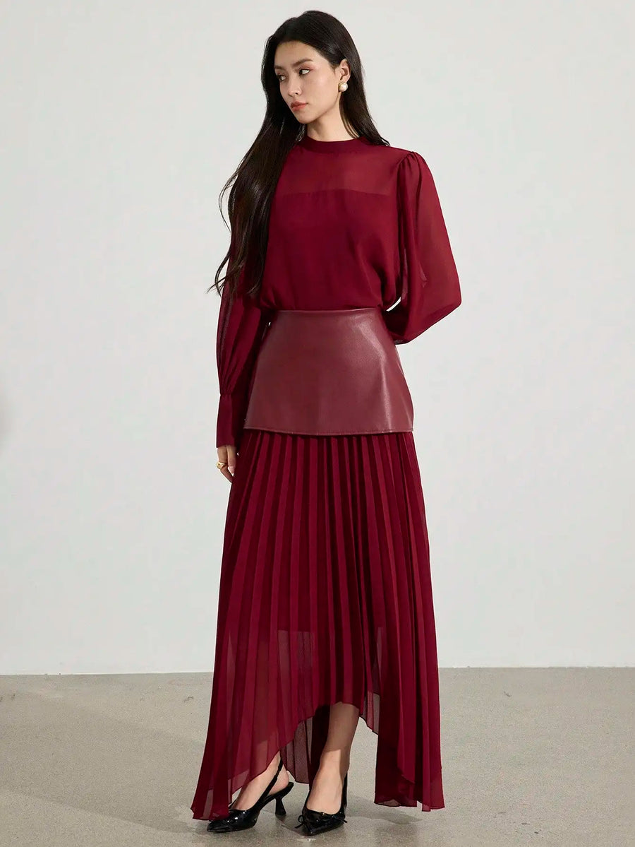 2pcs Women's Elegant Chiffon Long Sleeve Top & Pleated Skirt Set, Autumn Style