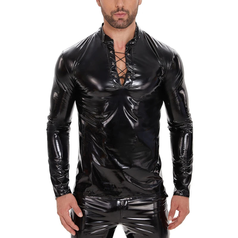 Mens PU Leather Long Sleeve Shiny T-shirt O Neck Tee Shiny Glossy Tops Gothic Streetwear Nightclub Top Nightclub Casual Shirt