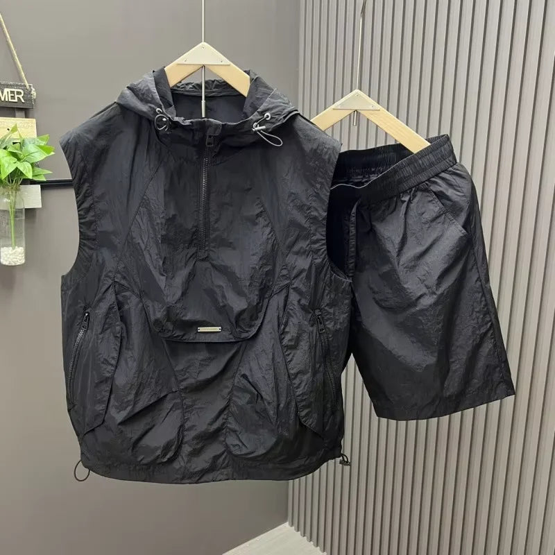 2pcs casual and fashionable hooded vest shorts set men's summer workwear thin and loose couple sleeveless suit