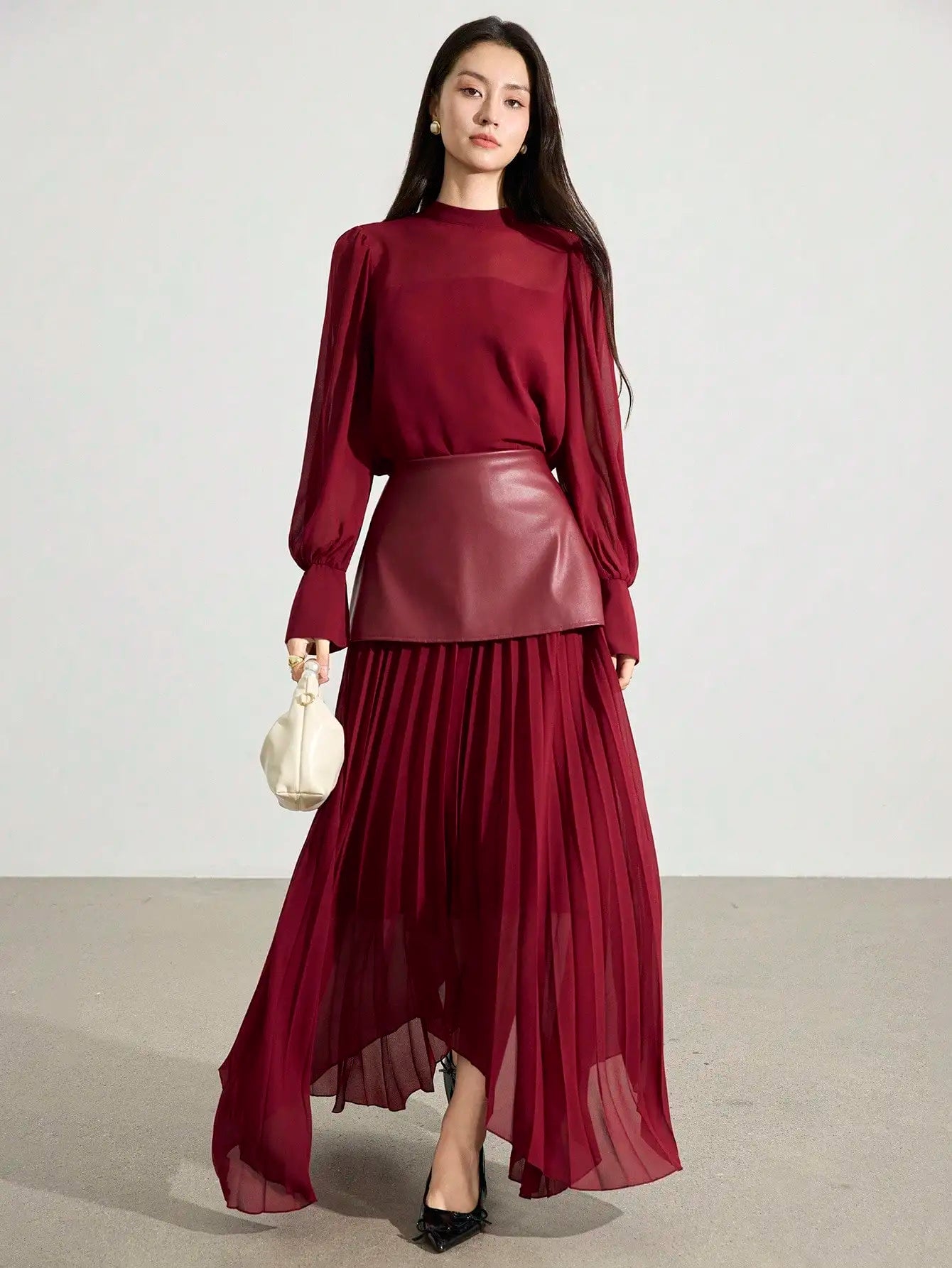 2pcs Women's Elegant Chiffon Long Sleeve Top & Pleated Skirt Set, Autumn Style