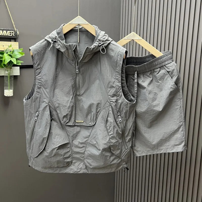 2pcs casual and fashionable hooded vest shorts set men's summer workwear thin and loose couple sleeveless suit