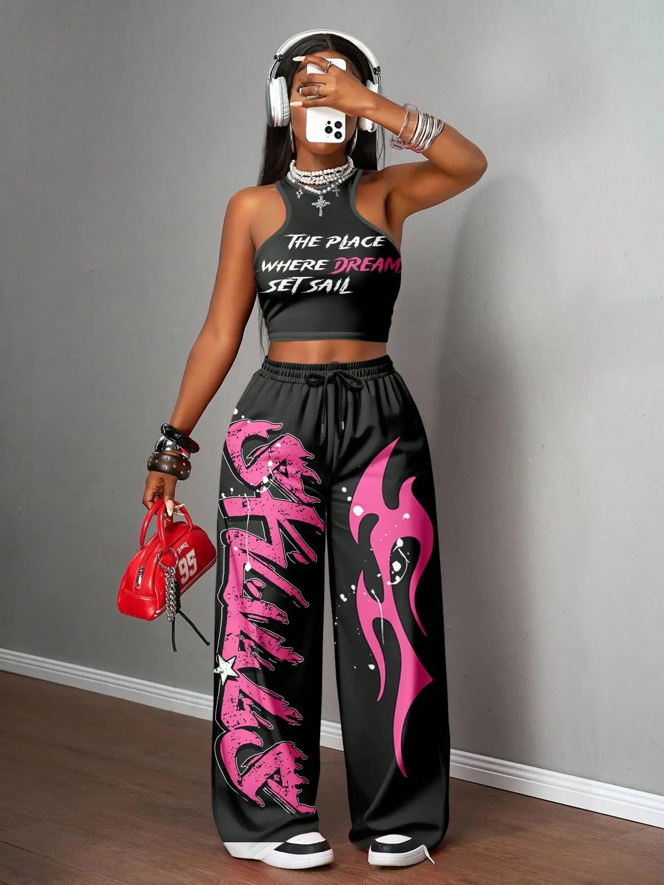 Slogan Graphic Racerback Crop Top & Wide Leg Pants Set for Streetwear, Y2K Style