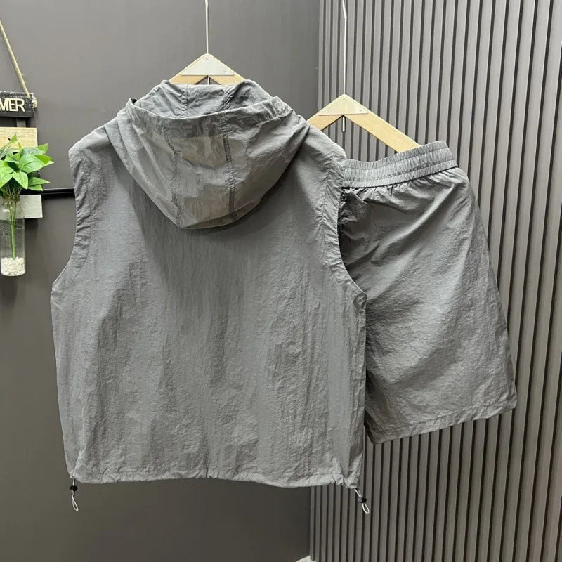 2pcs casual and fashionable hooded vest shorts set men's summer workwear thin and loose couple sleeveless suit