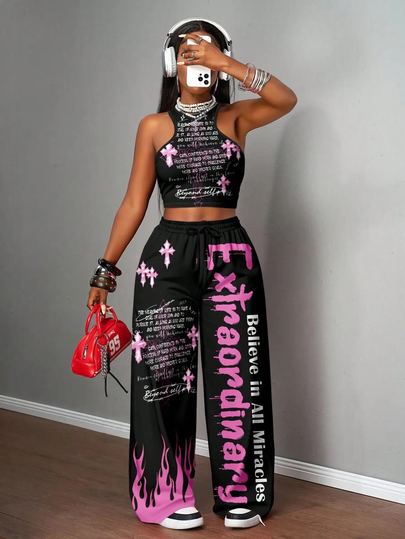 Slogan Graphic Racerback Crop Top & Wide Leg Pants Set for Streetwear, Y2K Style