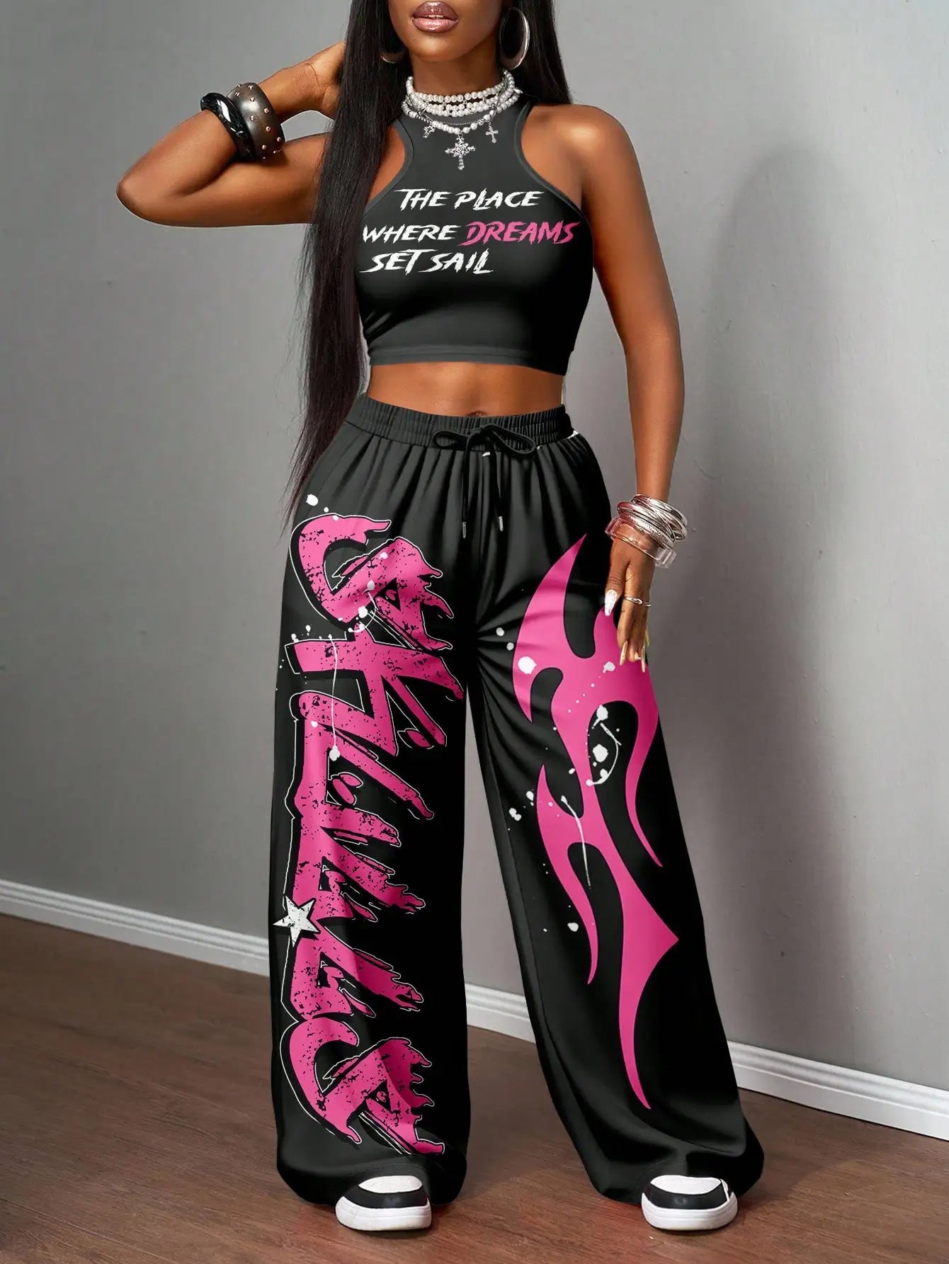 Slogan Graphic Racerback Crop Top & Wide Leg Pants Set for Streetwear, Y2K Style