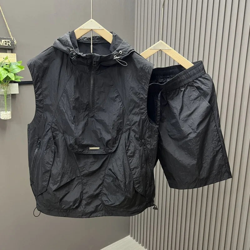 2pcs casual and fashionable hooded vest shorts set men's summer workwear thin and loose couple sleeveless suit