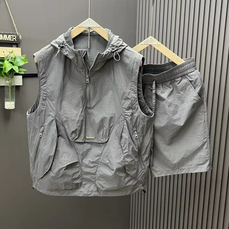 2pcs casual and fashionable hooded vest shorts set men's summer workwear thin and loose couple sleeveless suit