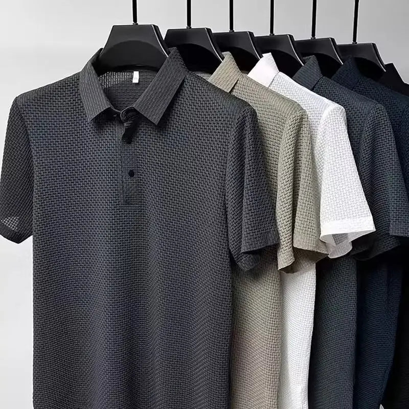 Summer New Men's Lop-up Hollow Short-sleeved Polo Tee Shirt Ice Silk Breathable Business Fashion T-Shirt Male Brand Clothes